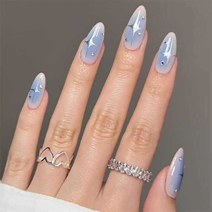 Artistic Stiletto Press-On Nails with Glimmering Blue Design Kalsten