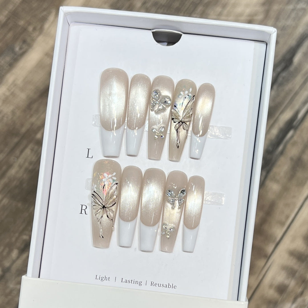 Elegant Press-On Nail Art Set with Butterfly and Jewel Accents Kalsten