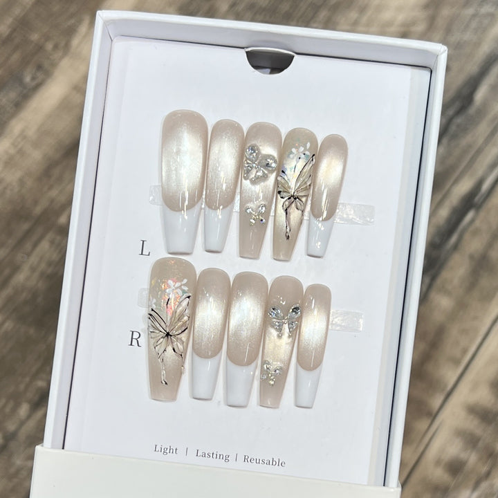 Elegant Press-On Nail Art Set with Butterfly and Jewel Accents Kalsten