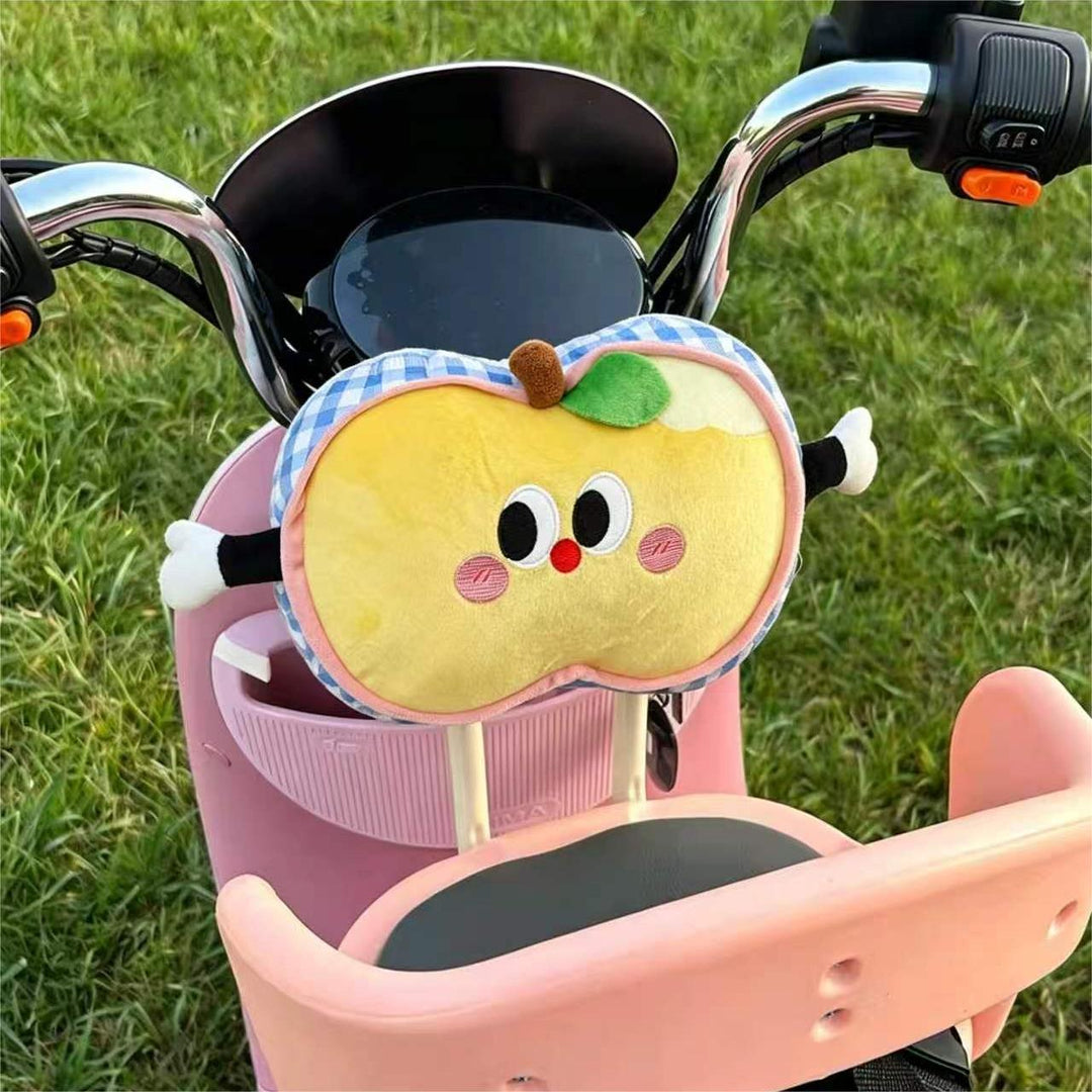 Padded child seat back cushion in apple plush design with side armrests