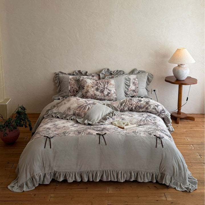Romantic bedding set with ruffle, floral jacquard insert, and decorative ribbons