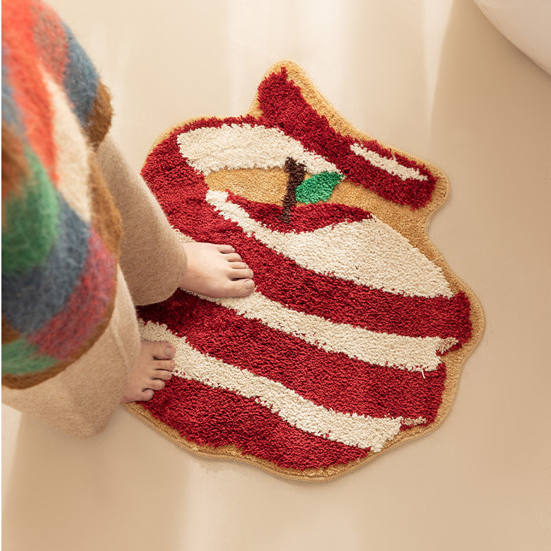 Apple-shaped high pile rug for bathroom and entrance area with tufting structure and non-slip backing