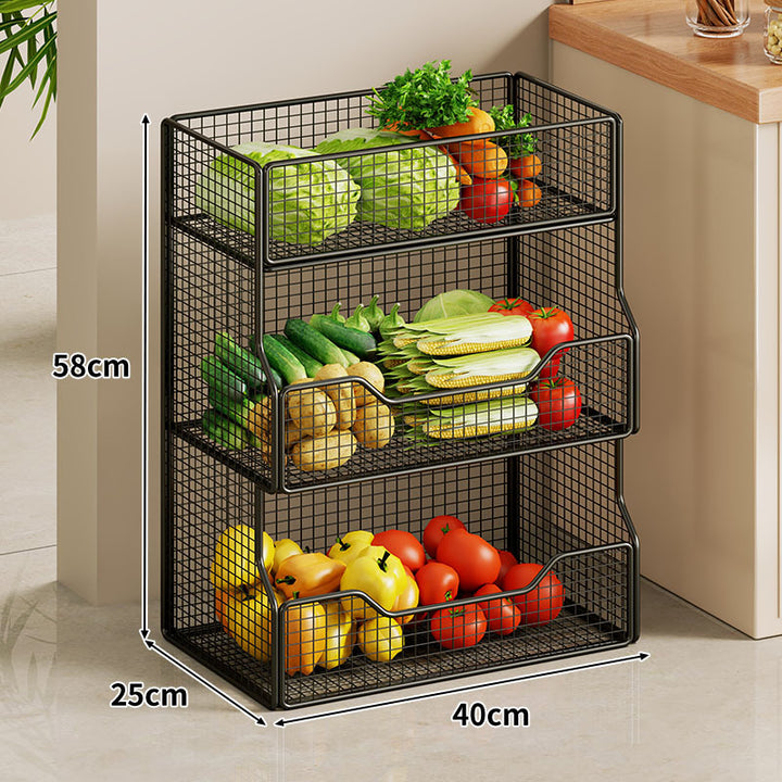 Two Tier Wire Mesh Kitchen Produce Storage Rack with Slide Out Lower Basket