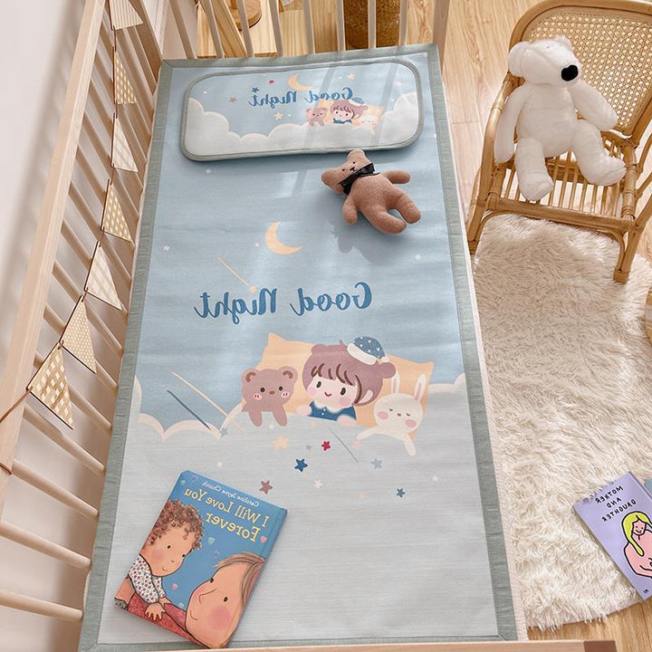 Padded baby crib mattress with good night print, non-slip bottom and wipeable cover