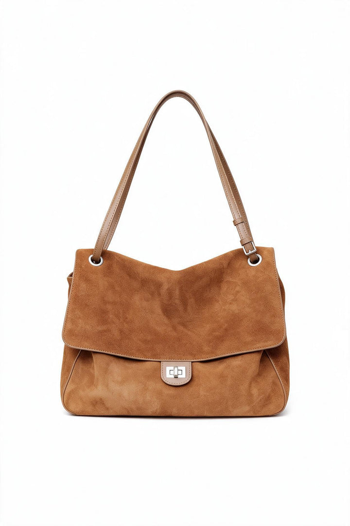 Suede Shoulder Tote Bag with Flap and Turn-Lock Closure