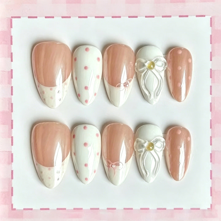 Artistic Polka Dot and Bow Press-On Nail Set