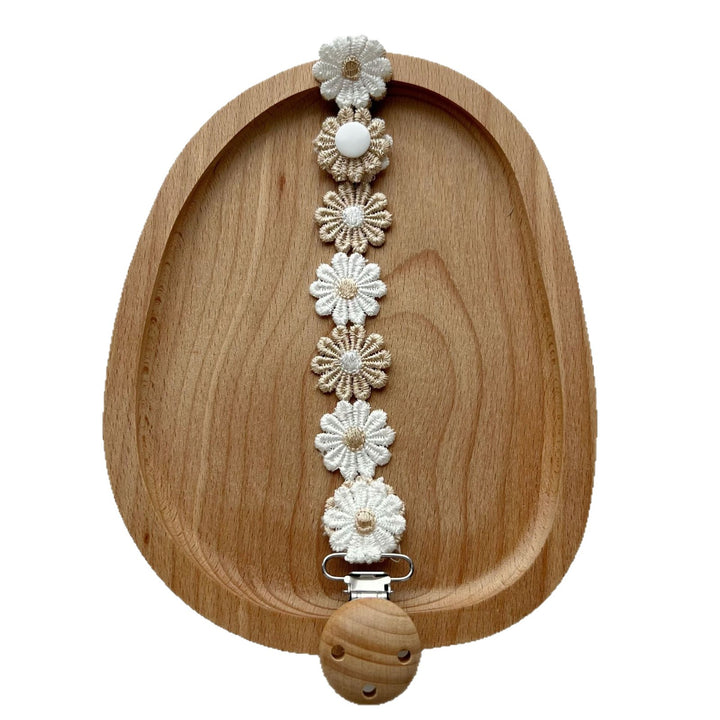 Handmade Crochet Daisy Pacifier Clip with Wooden Safety Clamp