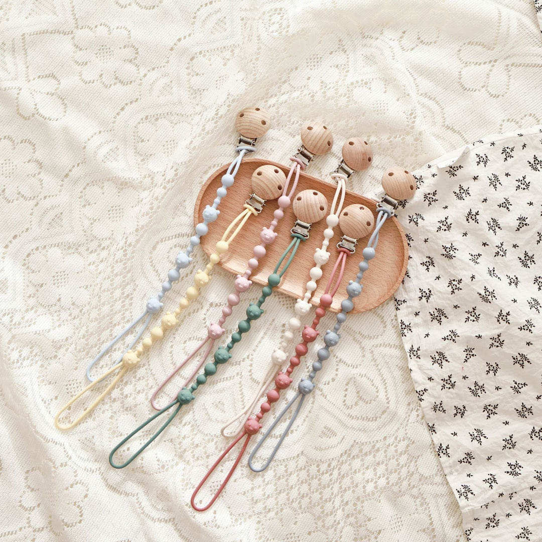 Silicone Beaded Pacifier and Teether Clip with Wooden Safety Clip