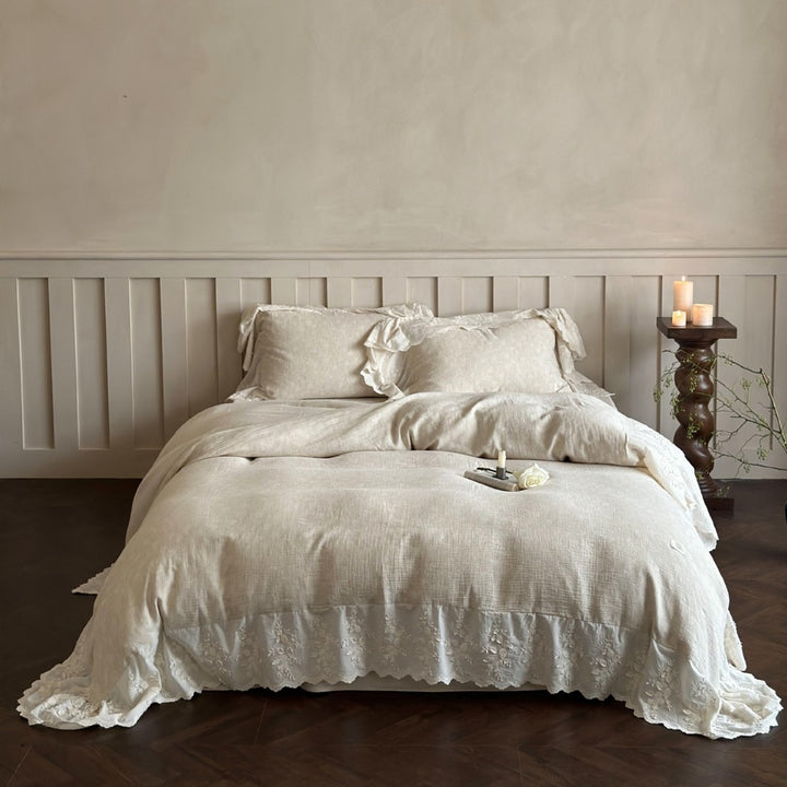 High-quality linen bedding set with floral lace border and ruffle
