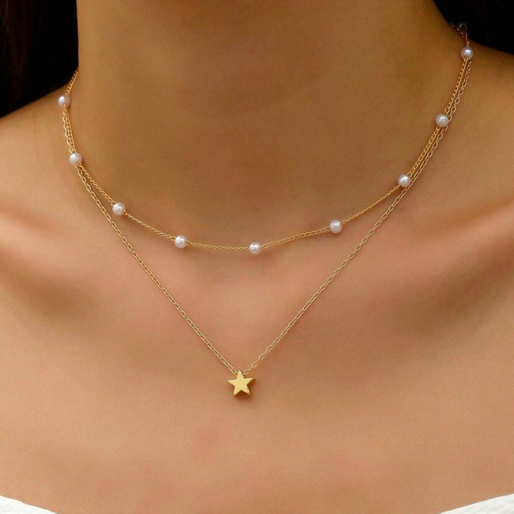 Layered Pearl and Star Charm Necklace Kalsten