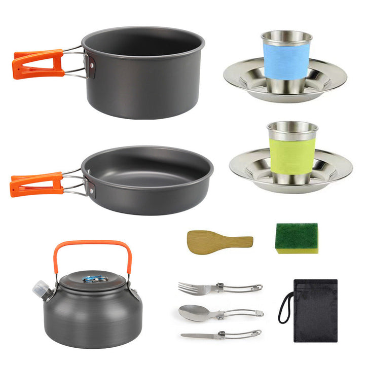 lightweight hard-anodized camping cookware set with folding handles compact kettle and stainless cup plates Kalsten