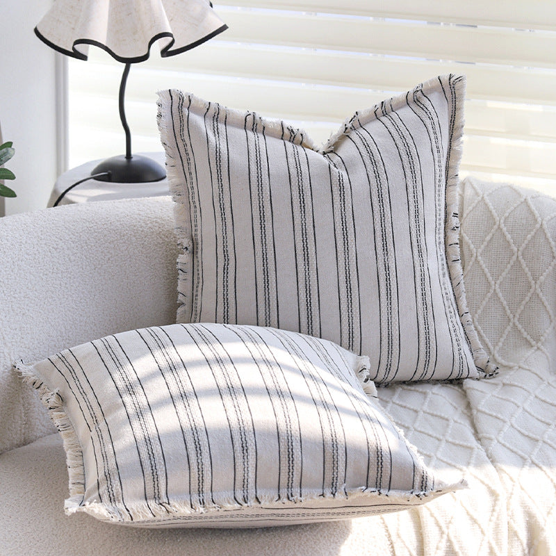 Square decorative cushion cover in linen-cotton blend with fine stripes and decorative fringed edge Kalsten