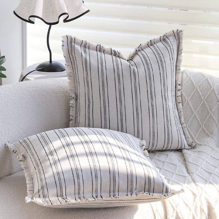 Square decorative cushion cover in linen-cotton blend with fine stripes and decorative fringed edge Kalsten