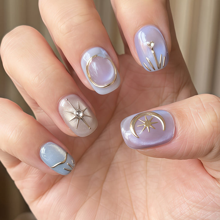 Artistic Press-On Nail Set with Decorative Celestial Designs Kalsten