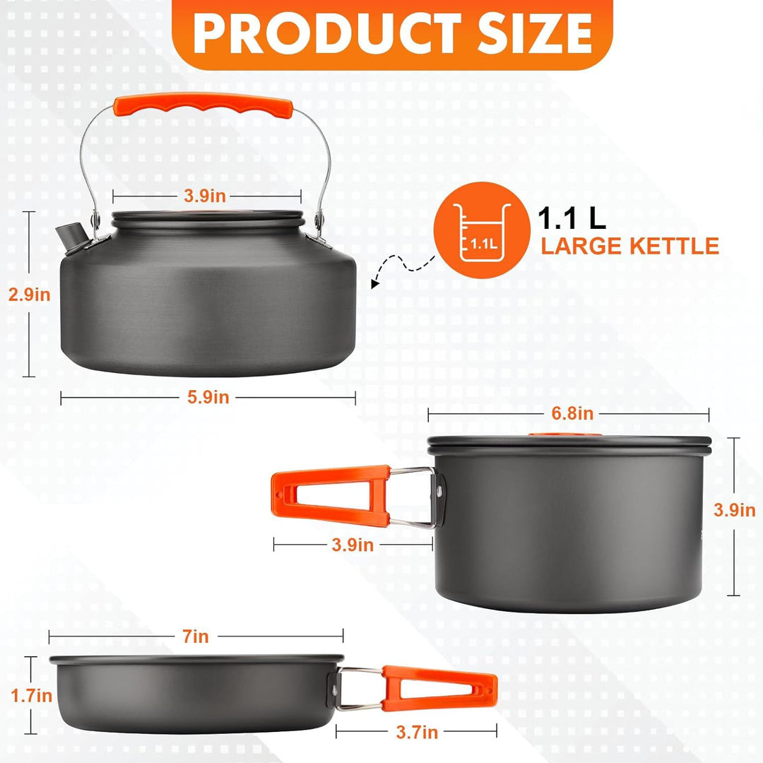 lightweight nonstick anodized aluminum camping cookware set with folding-handle pot and kettle, collapsible silicone cups, stainless plates and cutlery Kalsten