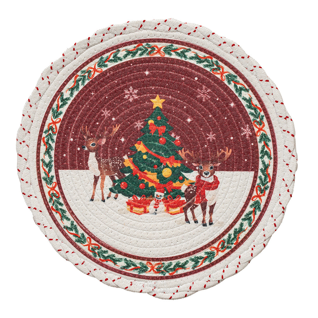 Round Christmas tree skirt made of woven cotton blend fabric with reindeer and pine branch motif