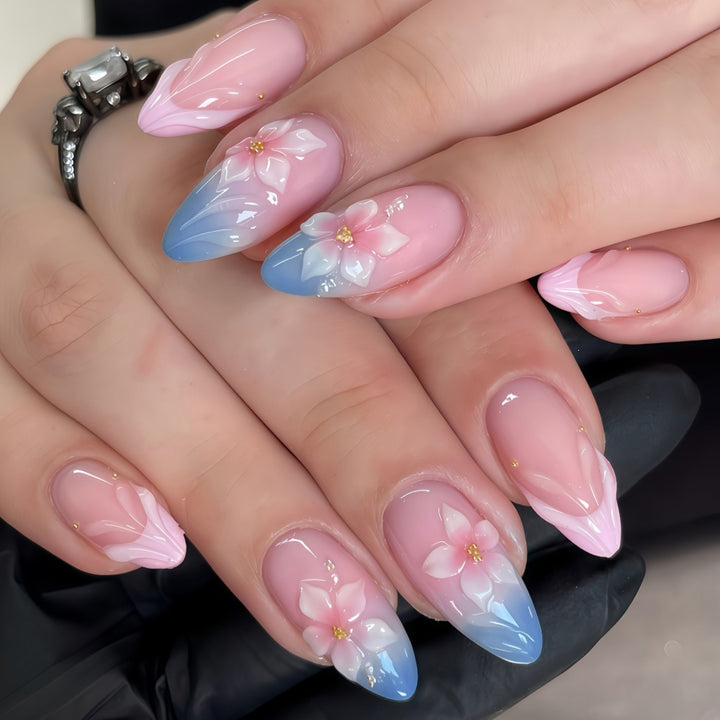 Artificial nails with floral designs and elegant color gradient Kalsten