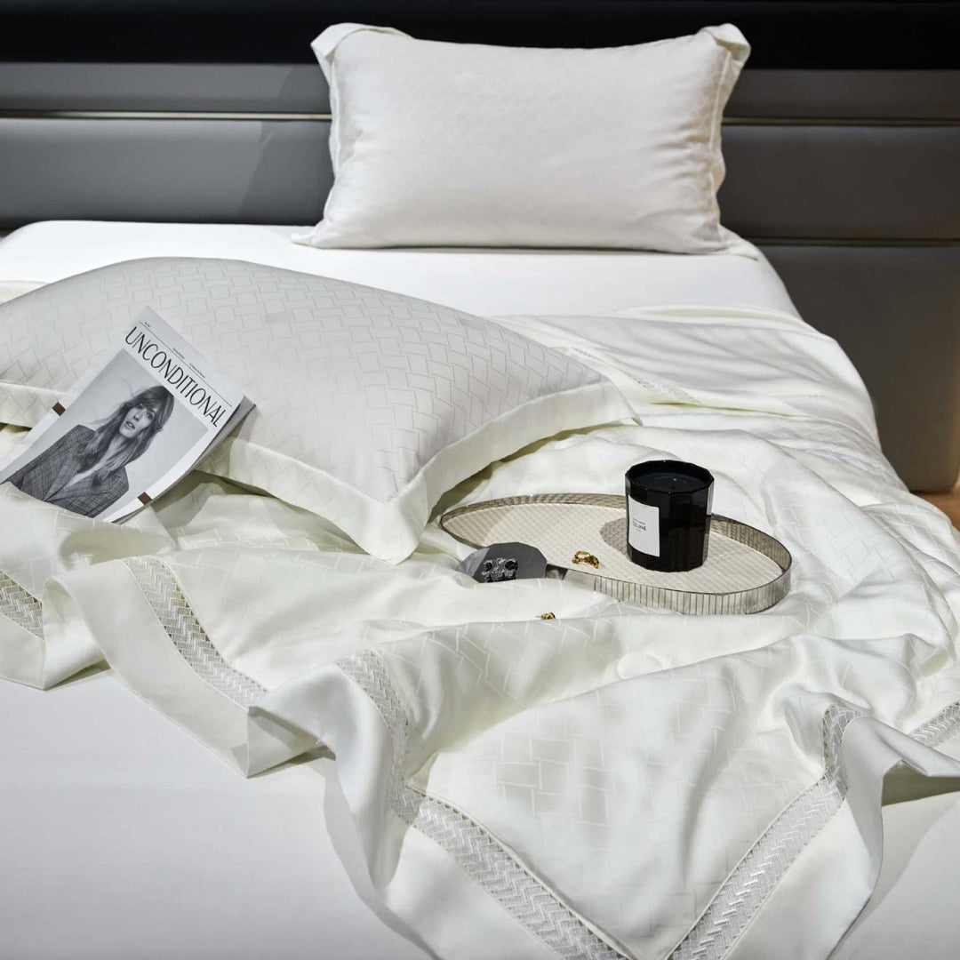 Satin-Duvet cover set with woven check jacquard and decorative border