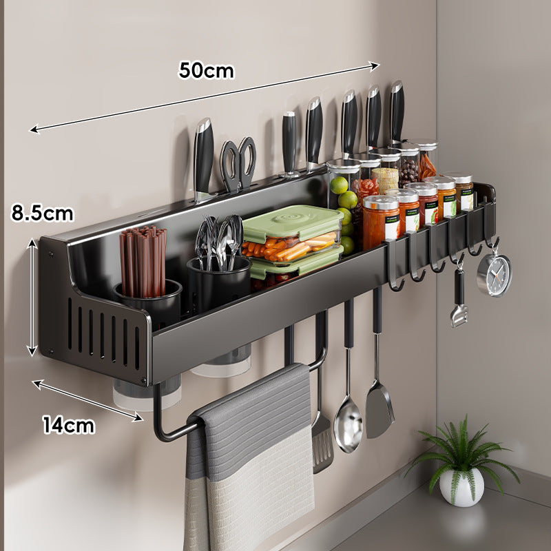 Wall-Mounted Stainless Steel Kitchen Rail with Knife Slots Spice Jar Shelf Multi-Hook Towel Bar