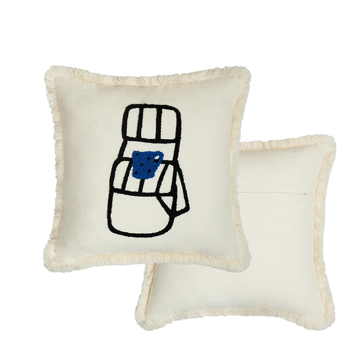 Woven decorative pillow cover with embroidered café motif and decorative fringe edge Kalsten