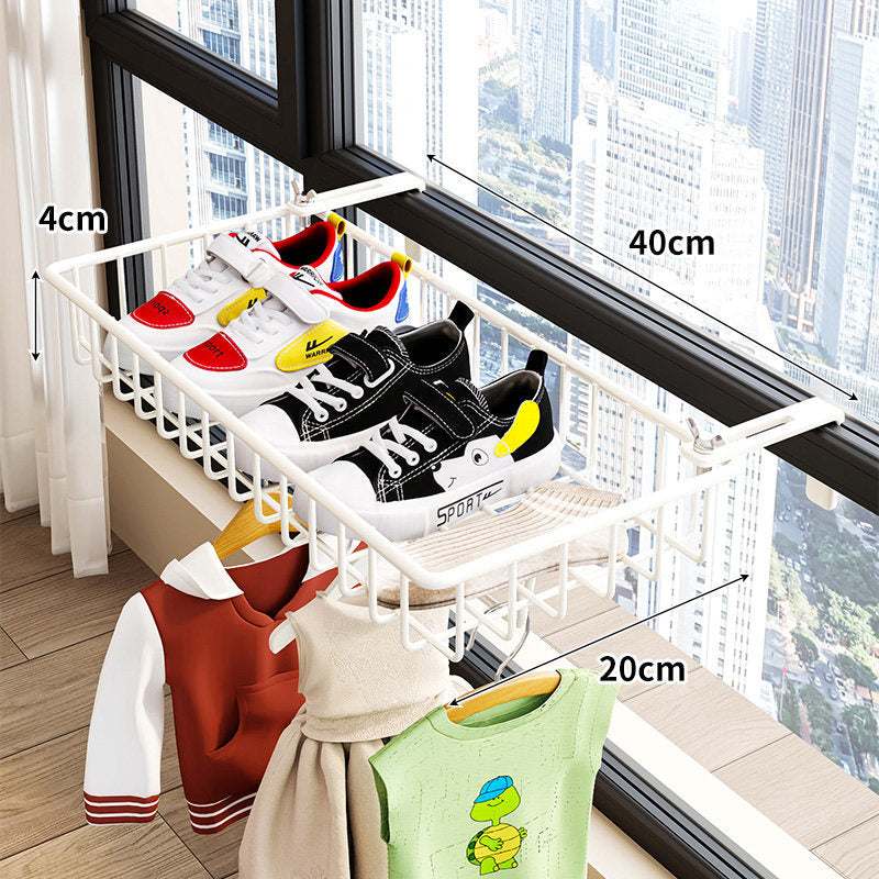 Over-Window Slide-Out Drying Rack with Wire Basket and Under-Hanger Rod