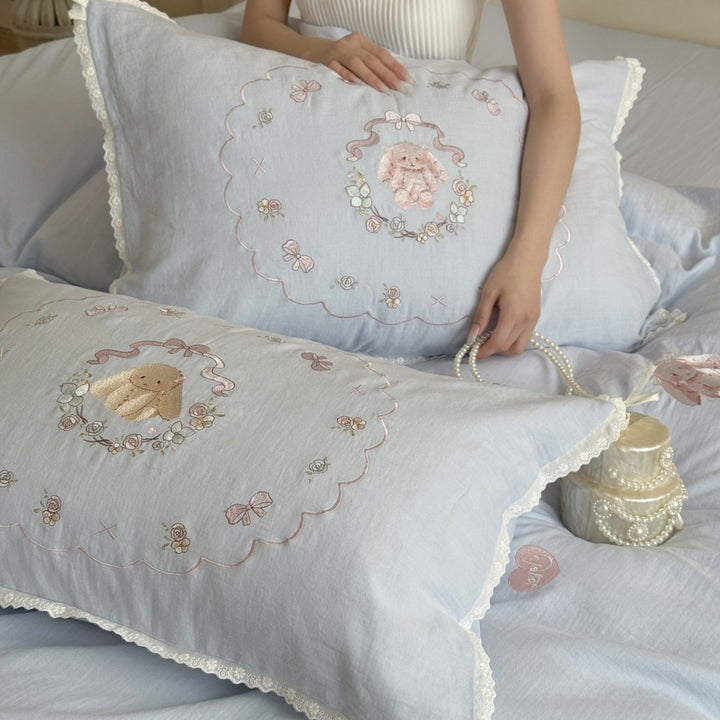 Embroidered cotton-linen pillowcase set with lace trim and bunny motif