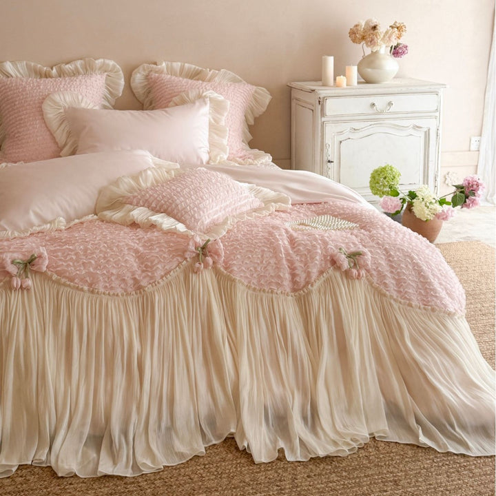 Luxurious duvet cover set with pleated bed skirt, ruffles and delicate frill decoration