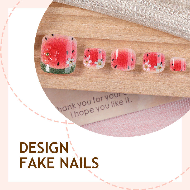 Nail set with watermelon design and floral accents Kalsten