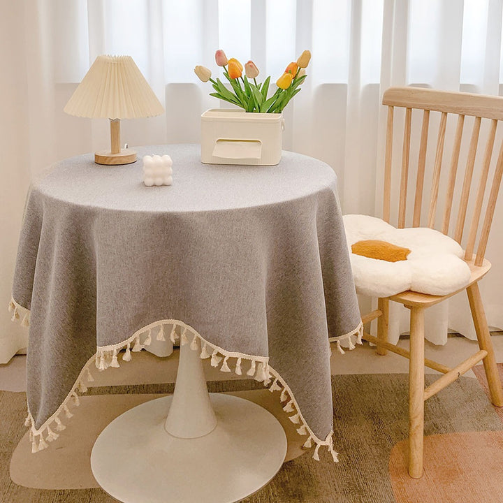 Round Textured Tassel-Trim Tablecloth with Linen-Feel Draped Finish