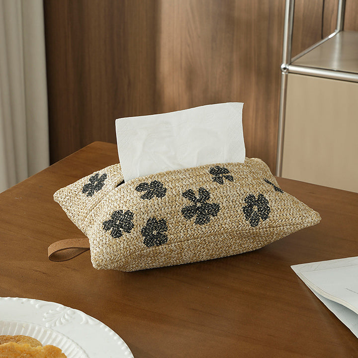 Woven tissue box cover in straw look with embroidered flower motif Kalsten