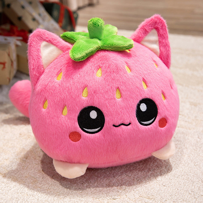 Kawaii Round Cat-Fruit Plush Pillow with Leaf Top and Squishy Bean-Fill Cuddle Companion Kalsten