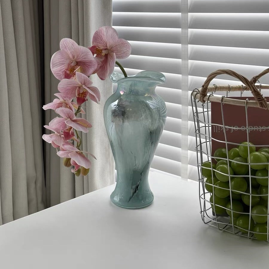 Handblown Opaline Elongated Bulb Decorative Glass Vase with Flared Lip Kalsten