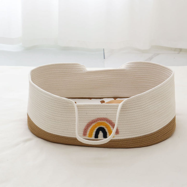 Quilted Cotton Portable Baby Bassinet Nest with Embroidered Rainbow Detail