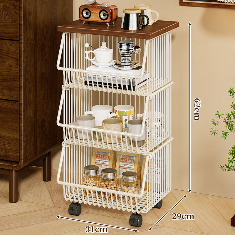 Mobile Four-Tier Kitchen Pantry Organizer Cart with Wood Top and Rolling Wire Baskets