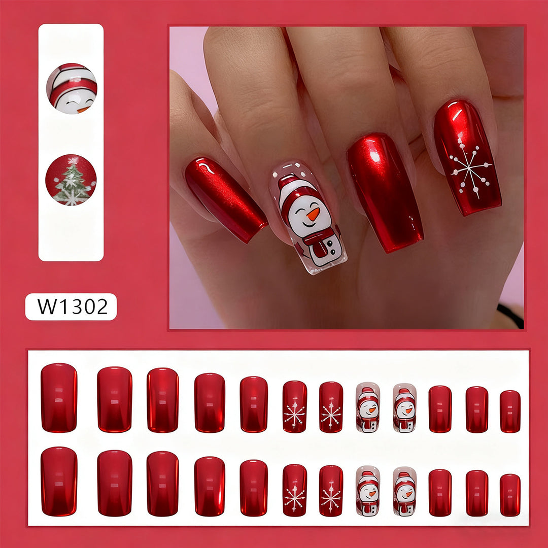 Artificial nail set with festive snowman design and glitter accents Kalsten