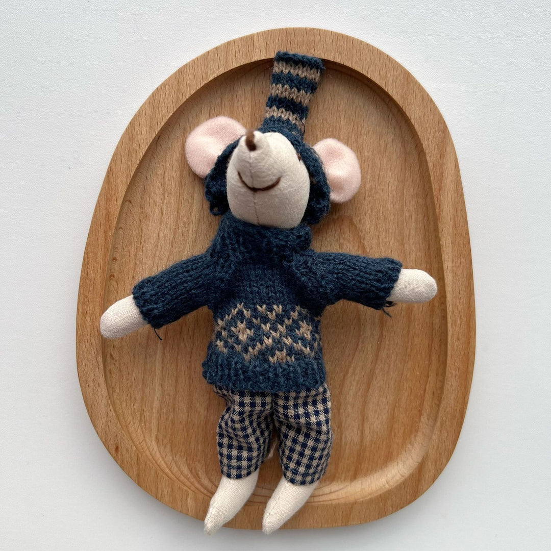 Miniature Hand-Sewn Linen Mouse Soft Toy with Crocheted Dress