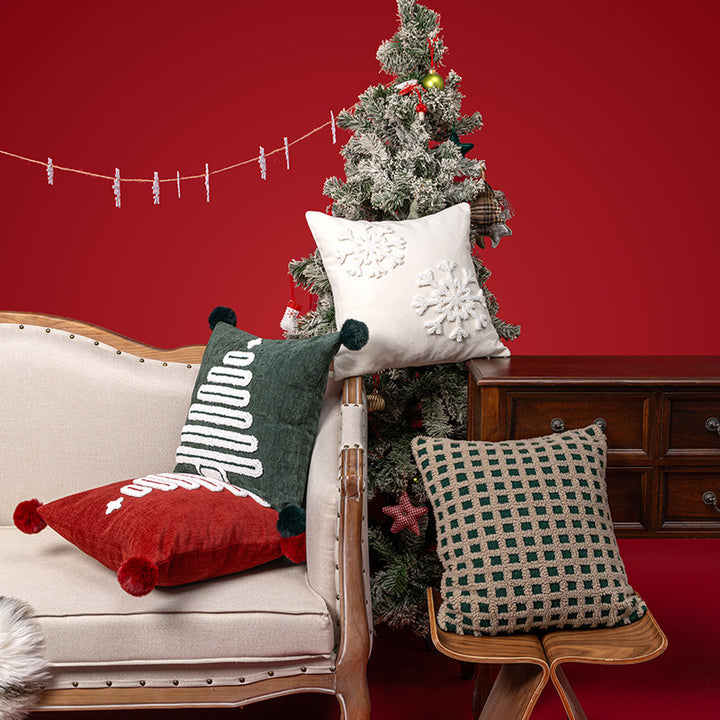 Holiday Tufted Chenille Square Throw Pillow with Raised Tree Motif and Hidden Zipper