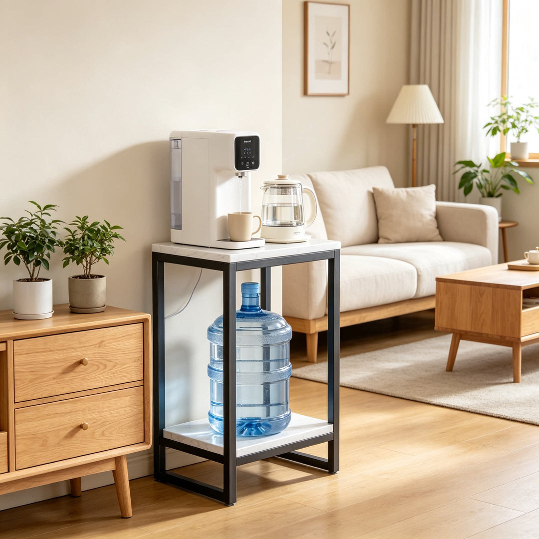 Tall Narrow Marble-Top Plant Stand Side Table with Lower Shelf and Gold Metal Frame