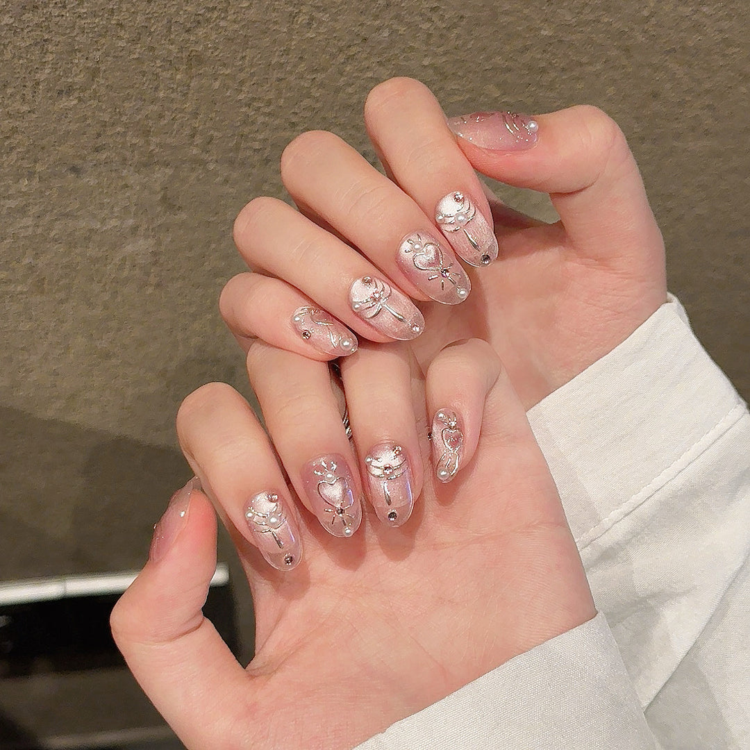 Artistic Press-On Nail Set with Elegant Heart and Floral Accents