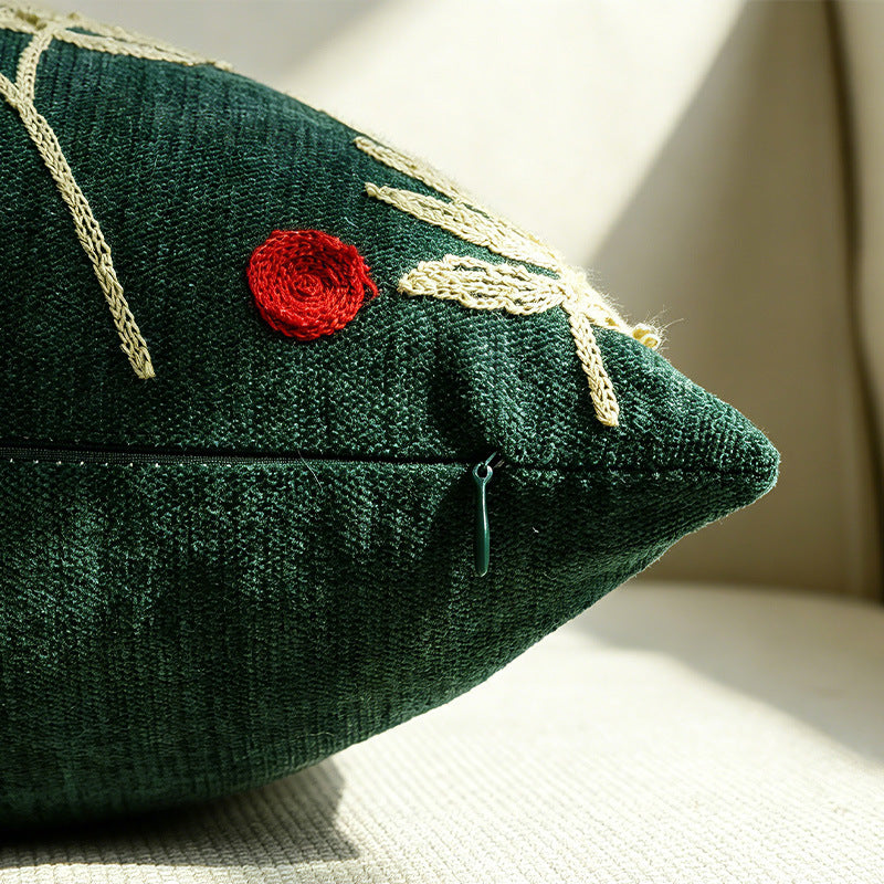 Holiday Holly Embroidered Velveteen Throw Pillow with Pom Berry Accents