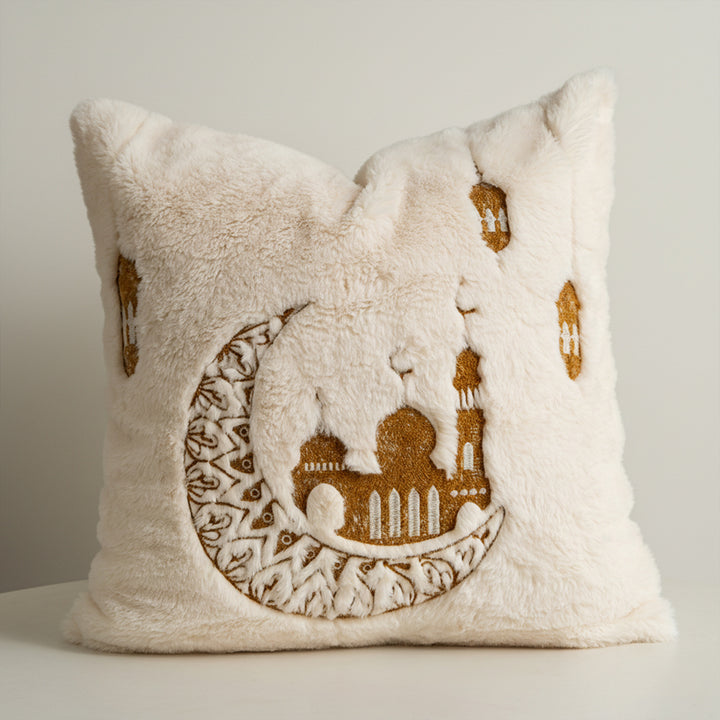 Square cushions made of micro plush with embossed mandala relief and concealed zipper