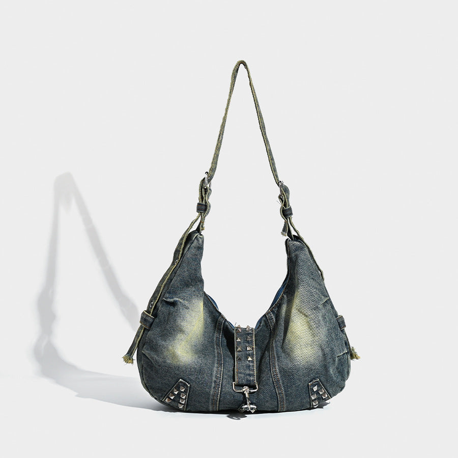 Distressed Denim Hobo Bag with Studded Accents