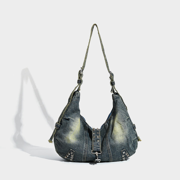 Distressed Denim Hobo Bag with Studded Accents