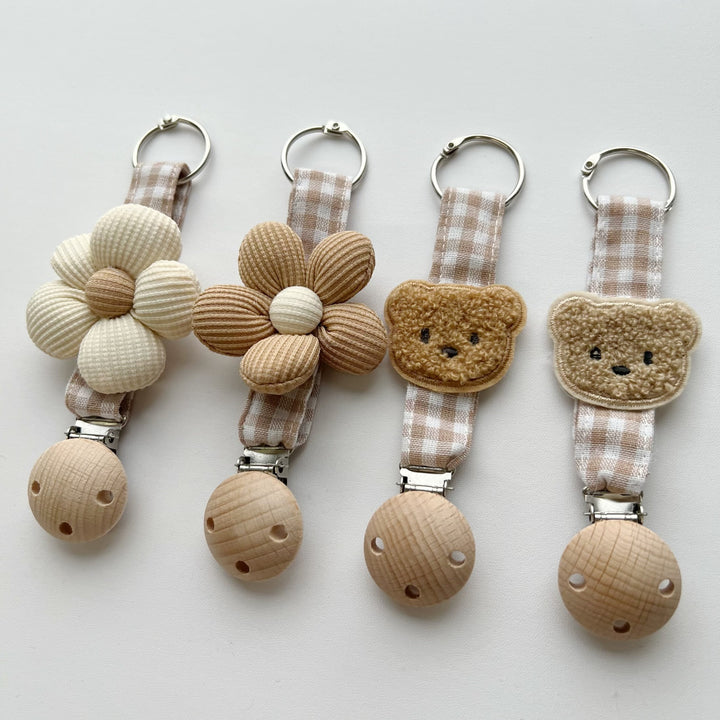 Handmade Wooden-Clip Pacifier Holder with Gingham Strap and Padded Flower Teether