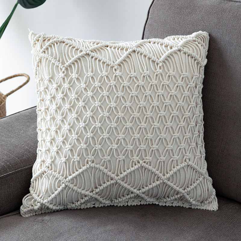 Round Macrame Decorative Pillow with Hand-Knotted Cotton Cover and Fringes