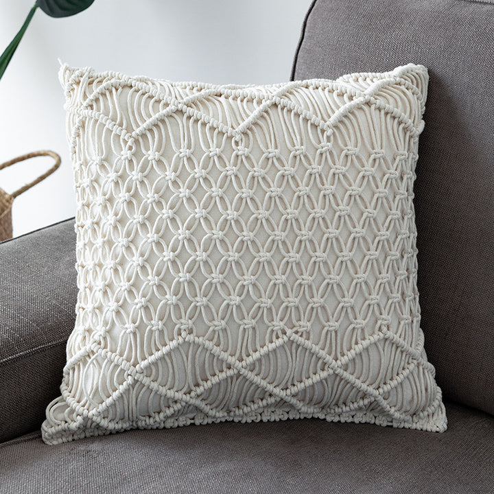 Round Macrame Decorative Pillow with Hand-Knotted Cotton Cover and Fringes