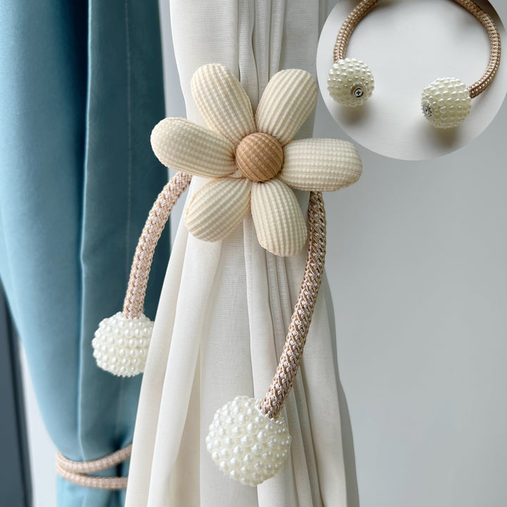 Beaded Magnetic Curtain Tieback with Fabric Flower Accent