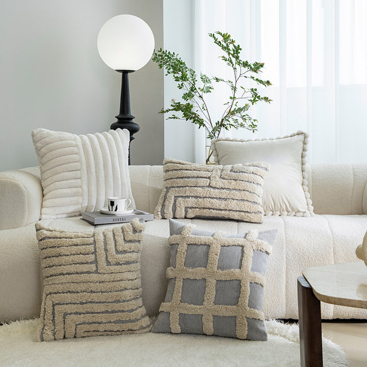 Square Textured Grid Tufted Decorative Throw Pillow Cover with Shaggy Raised Lattice