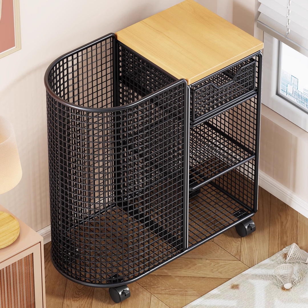 Mesh Rolling Fitness and Yoga Equipment Organizer Cart with Tall Curved Mat Compartment and Slide Drawer