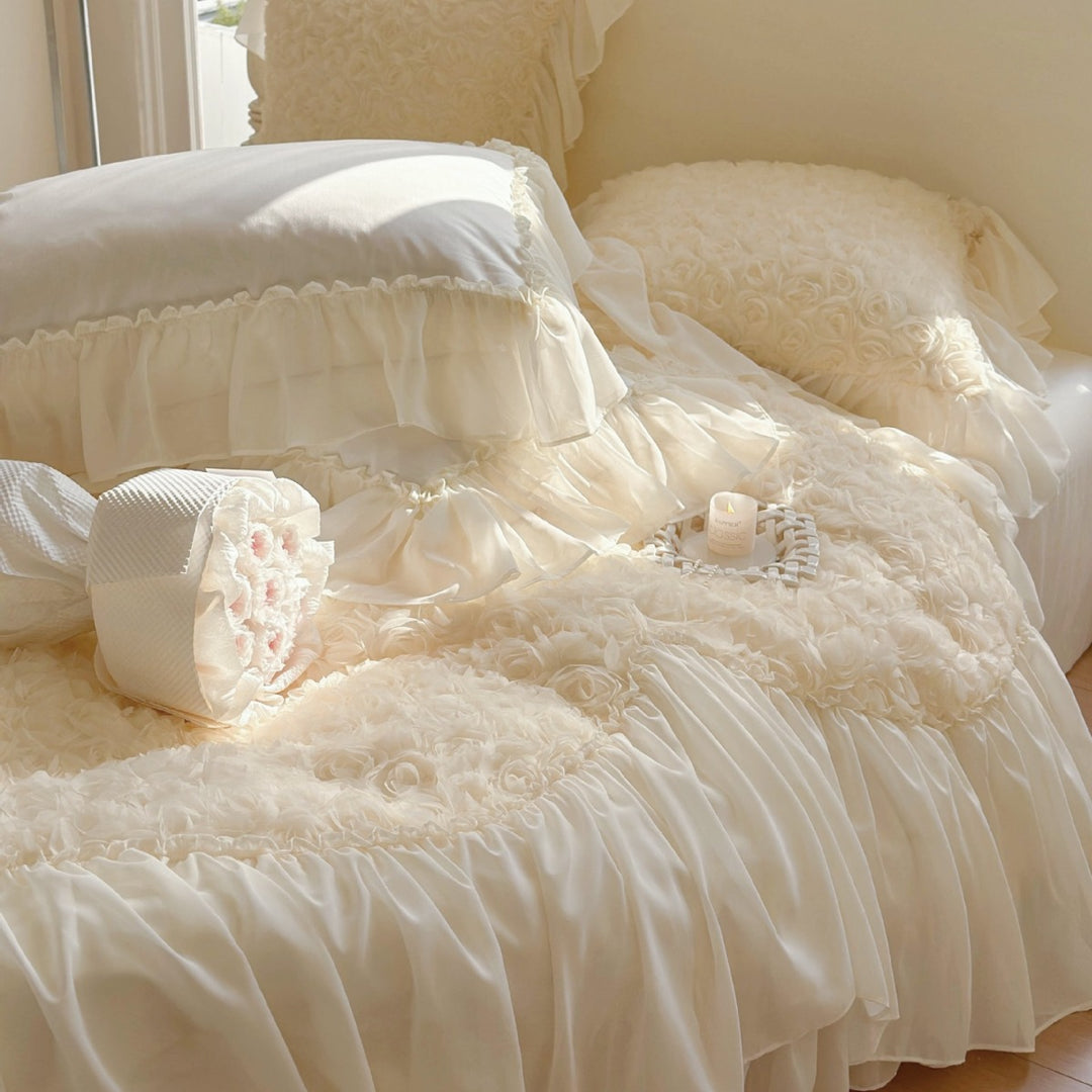 Romantic luxury bedding set with ruffles, rose appliqué, and frill